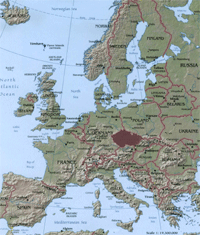 Karta över Europa med Tjeckien i mitten